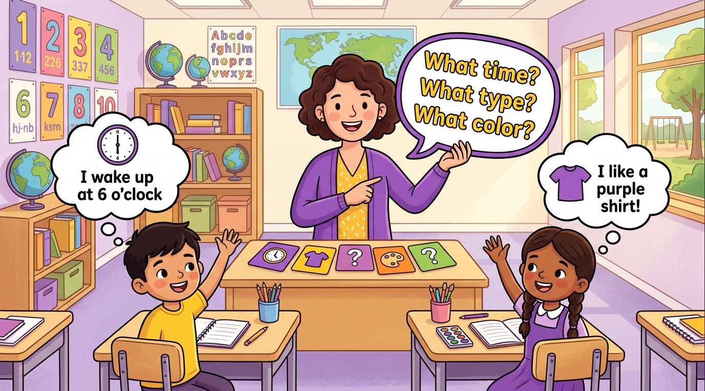Kids learning What+Word questions in English grammar with Bangla meanings and probable answers in a colorful classroom illustration.
