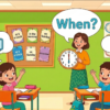 Kids learning When questions in English grammar with Bangla meanings and probable answers in a colorful classroom illustration.