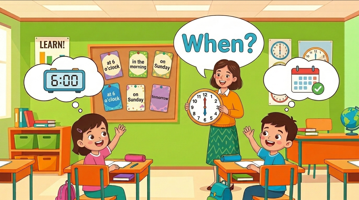 Kids learning When questions in English grammar with Bangla meanings and probable answers in a colorful classroom illustration.