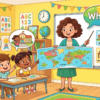 Kids learning Where questions in English grammar with Bangla meanings and probable answers in a colorful classroom illustration.