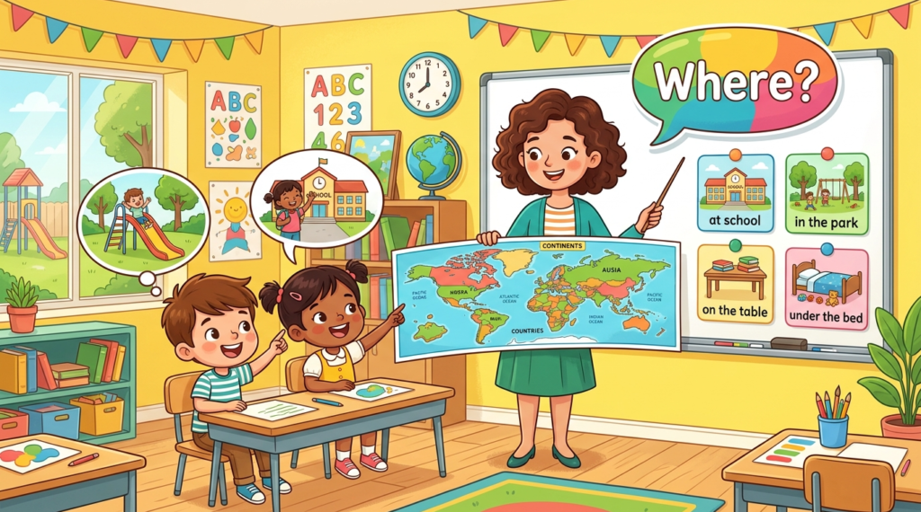 Kids learning Where questions in English grammar with Bangla meanings and probable answers in a colorful classroom illustration.