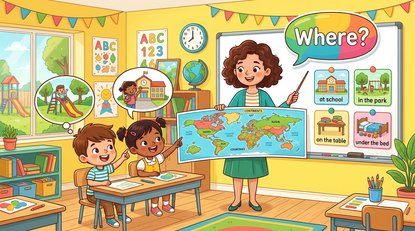 Kids learning Where questions in English grammar with Bangla meanings and probable answers in a colorful classroom illustration.