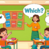 Kids learning Which questions in English grammar with Bangla meanings and probable answers in a colorful classroom illustration.
