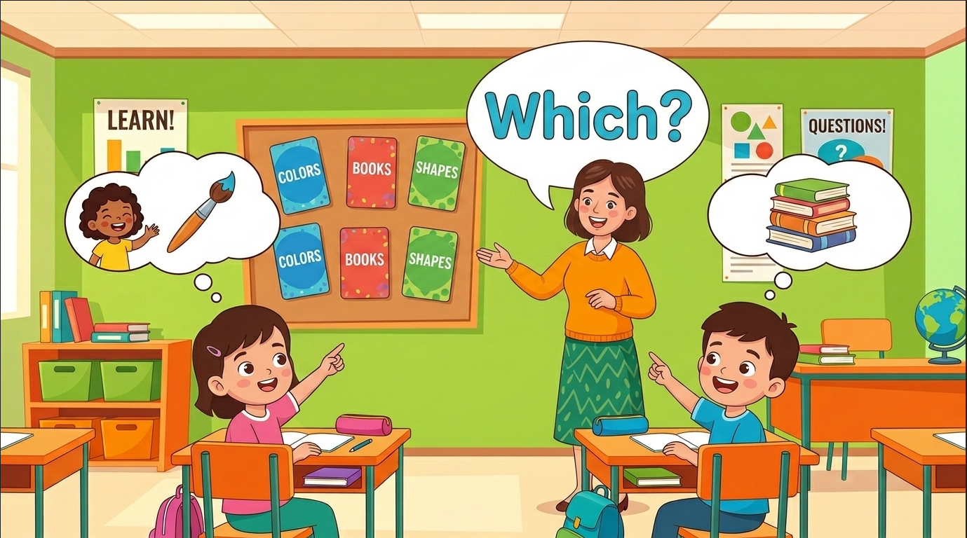 Kids learning Which questions in English grammar with Bangla meanings and probable answers in a colorful classroom illustration.