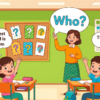 Kids learning Who questions in English grammar with Bangla meanings and probable answers in a colorful classroom illustration.