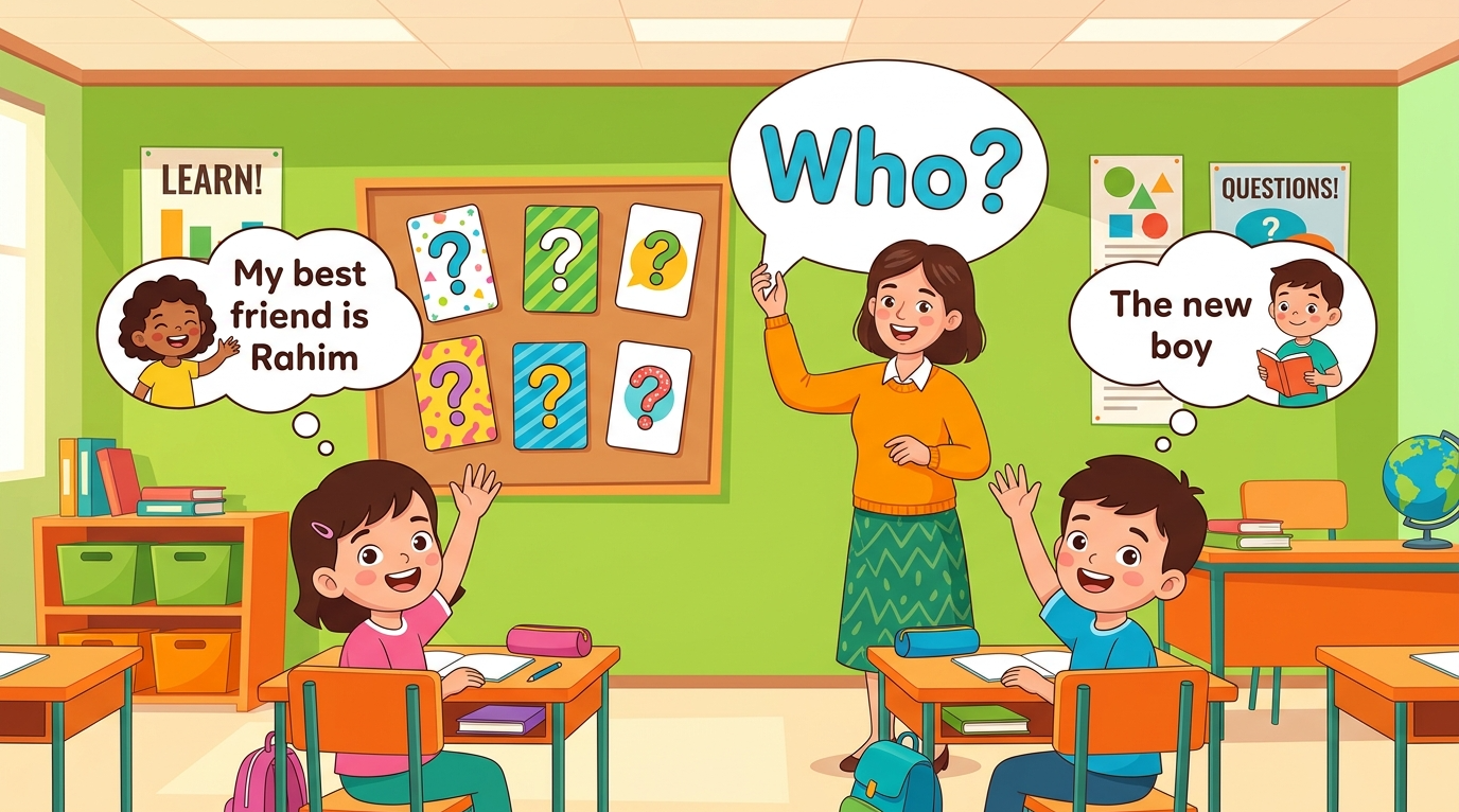 Kids learning Who questions in English grammar with Bangla meanings and probable answers in a colorful classroom illustration.