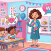 Kids learning Why questions in English grammar with Bangla meanings and probable answers in a colorful classroom illustration.