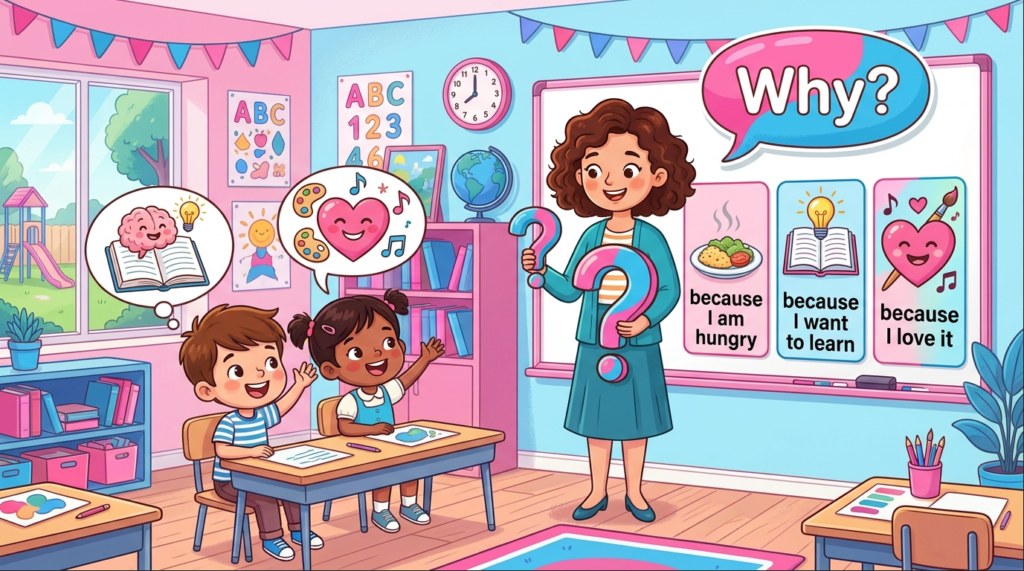 Kids learning Why questions in English grammar with Bangla meanings and probable answers in a colorful classroom illustration.