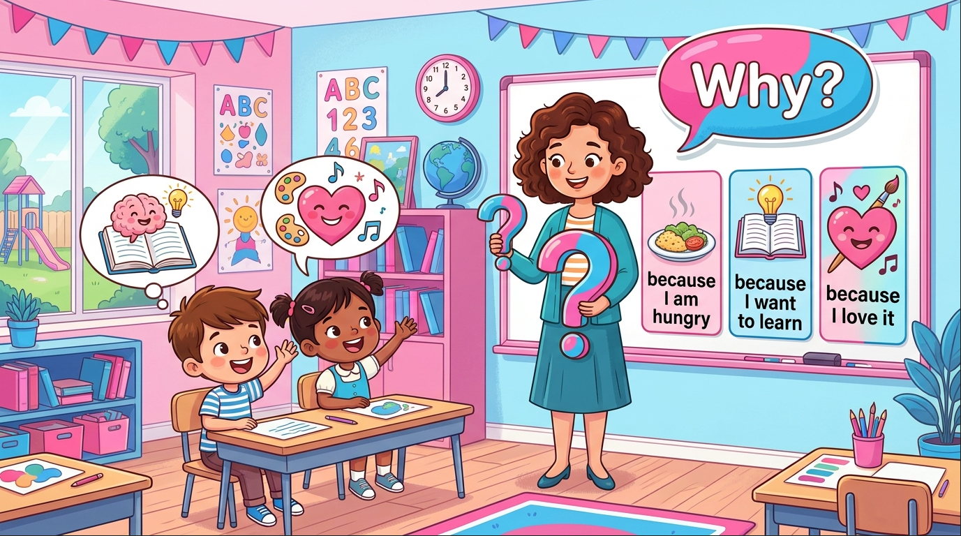 Kids learning Why questions in English grammar with Bangla meanings and probable answers in a colorful classroom illustration.