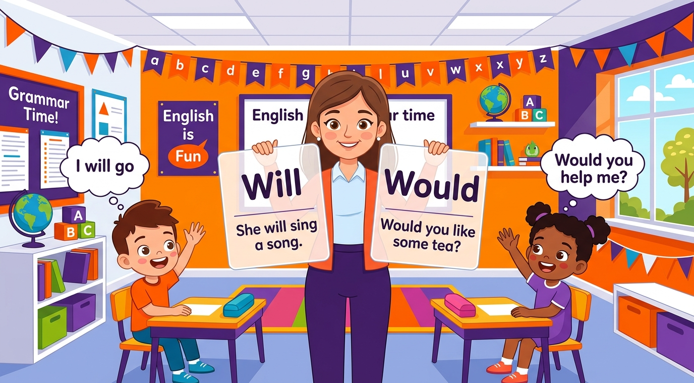Kids learning Will and Would with all meanings in English grammar with Bangla meanings and pronunciation in a colorful classroom illustration.