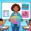 Kids learning WithFor Whom questions in English grammar with Bangla meanings and probable answers in a colorful classroom illustration.