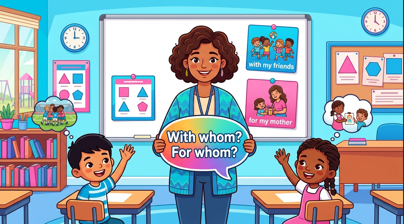 Kids learning WithFor Whom questions in English grammar with Bangla meanings and probable answers in a colorful classroom illustration.