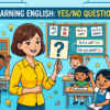 Kids learning YesNo Questions in English grammar with Bangla meanings in a colorful classroom illustration.
