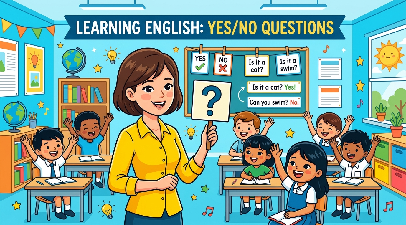Kids learning YesNo Questions in English grammar with Bangla meanings in a colorful classroom illustration.