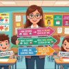 Kids learning comparison of Active-Passive of Present, Past and Future Continuous Tense with all sentence types and modals in English grammar with Bangla meanings and pronunciation in a colorful classroom illustration.