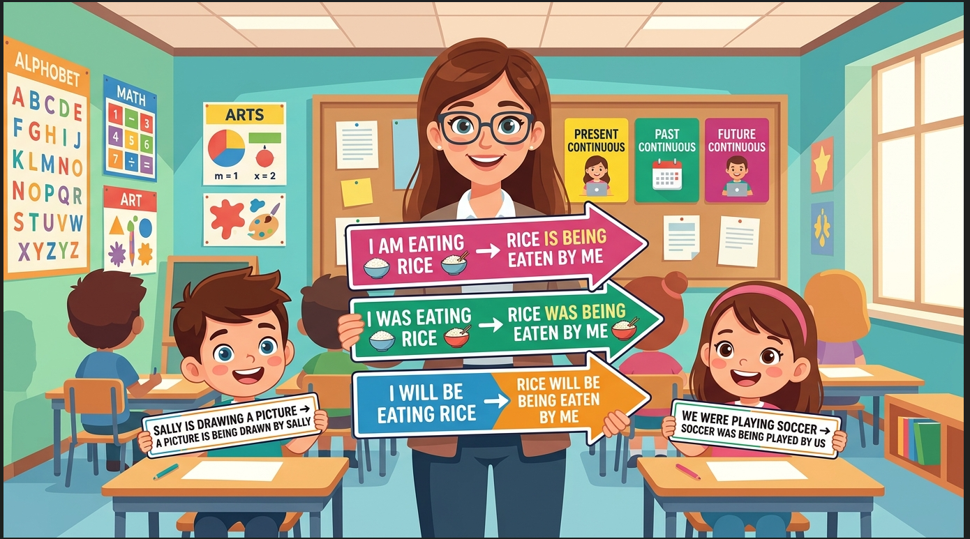 Kids learning comparison of Active-Passive of Present, Past and Future Continuous Tense with all sentence types and modals in English grammar with Bangla meanings and pronunciation in a colorful classroom illustration.