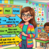 Kids learning comparison of Active-Passive of Present, Past and Future Indefinite Tense with all sentence types and modals in English grammar with Bangla meanings and pronunciation in a colorful classroom illustration.