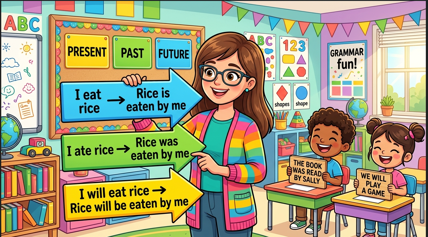 Kids learning comparison of Active-Passive of Present, Past and Future Indefinite Tense with all sentence types and modals in English grammar with Bangla meanings and pronunciation in a colorful classroom illustration.