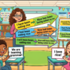 Kids learning comparison of Active-Passive of Present, Past and Future Perfect Continuous Tense with all sentence types and modals in English grammar with Bangla meanings and pronunciation in a colorful classroom illustration.
