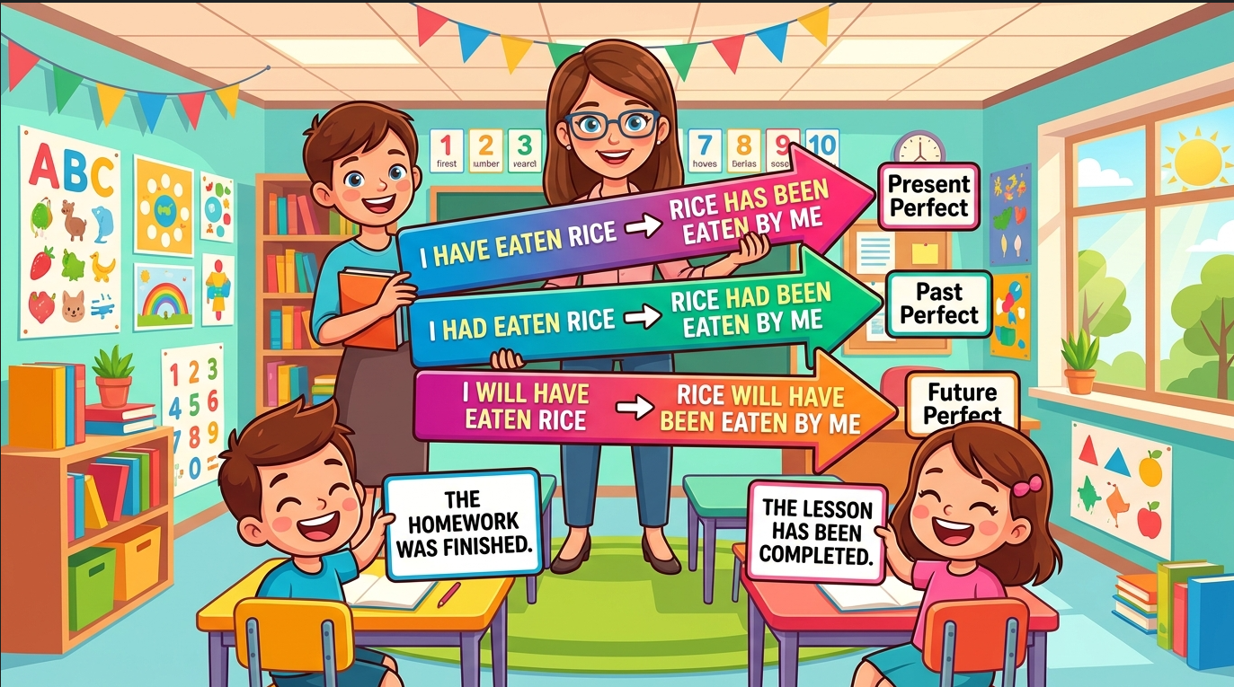 Kids learning comparison of Active-Passive of Present, Past and Future Perfect Tense with all sentence types and modals in English grammar with Bangla meanings and pronunciation in a colorful classroom illustration.