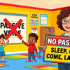 Kids learning verbs that do not take passive form in English grammar with Bangla meanings and pronunciation in a colorful classroom illustration.