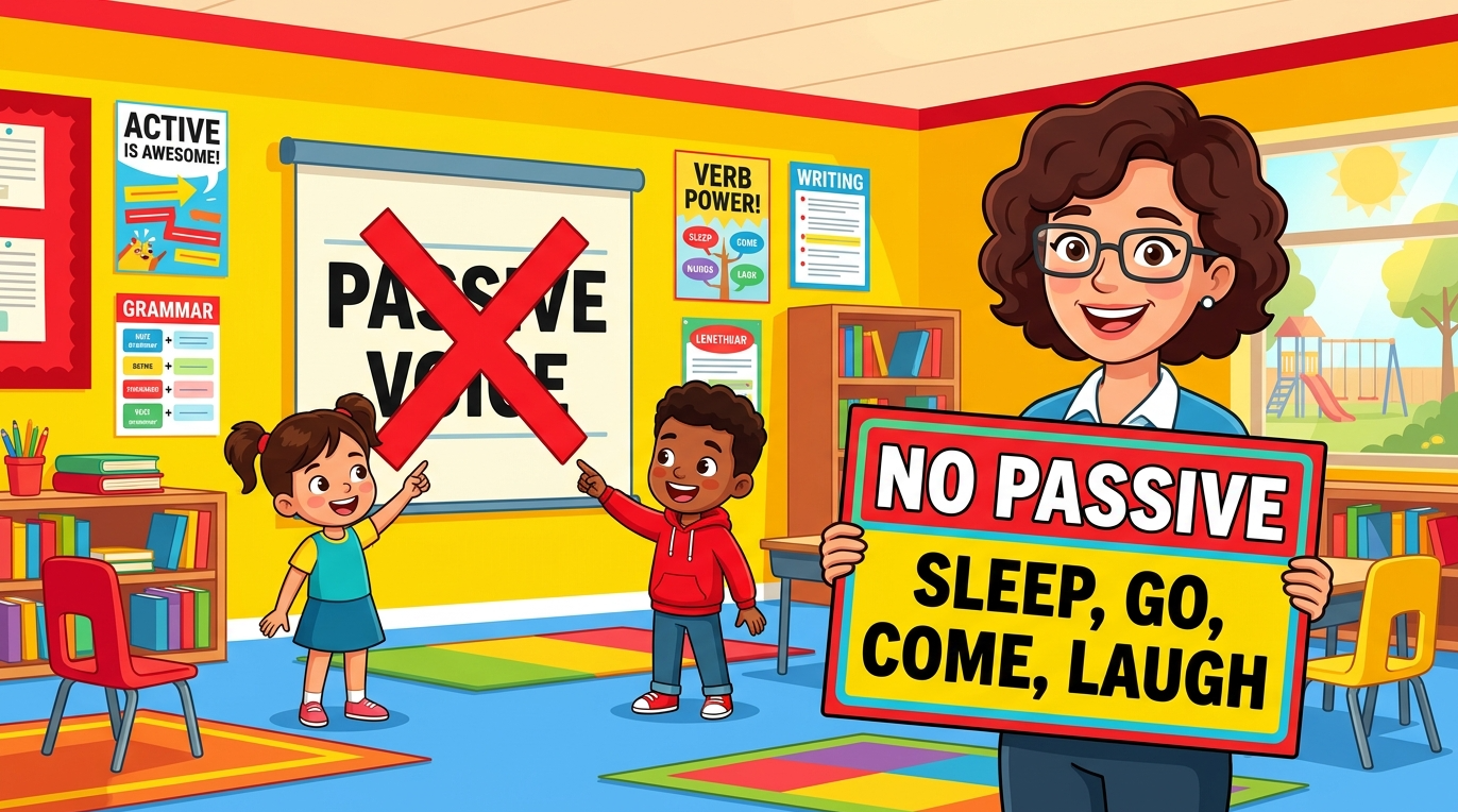 Kids learning verbs that do not take passive form in English grammar with Bangla meanings and pronunciation in a colorful classroom illustration.