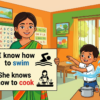 Kids learning Noun Phrase + Know How To + Verb with 100+ examples in English grammar with Bangla meanings and pronunciation in a colorful classroom illustration.