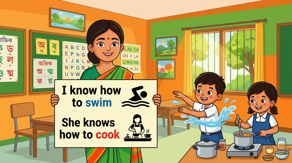 Kids learning Noun Phrase + Know How To + Verb with 100+ examples in English grammar with Bangla meanings and pronunciation in a colorful classroom illustration.