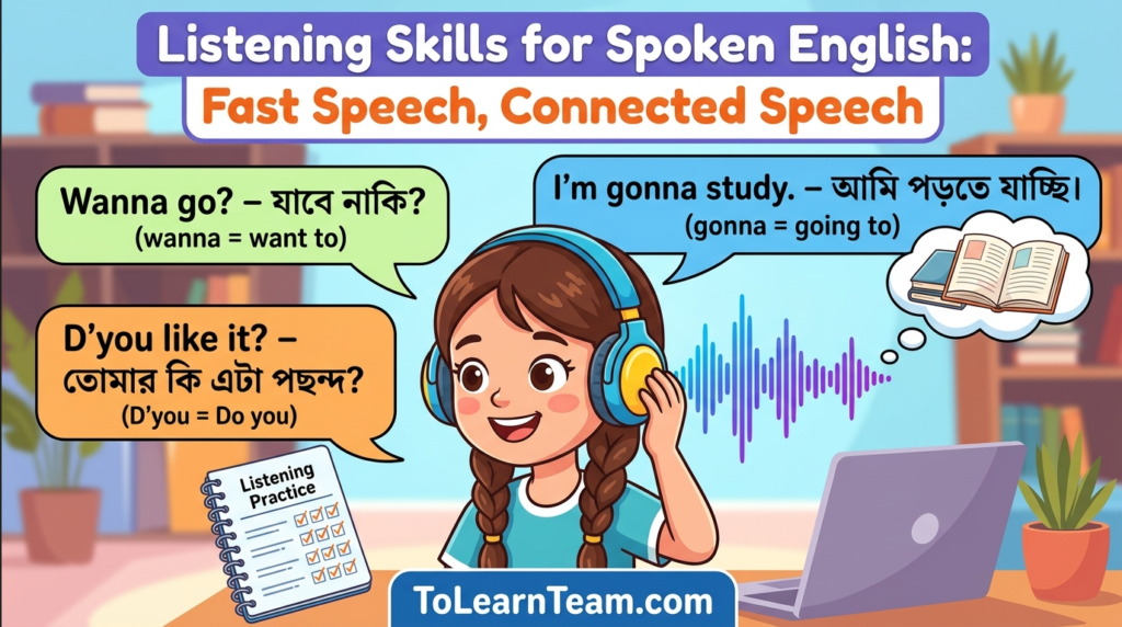 Listening skills for spoken English with Bangla meaning – understanding fast speech, contractions, connected speech, and daily phrases for Bengali learners.