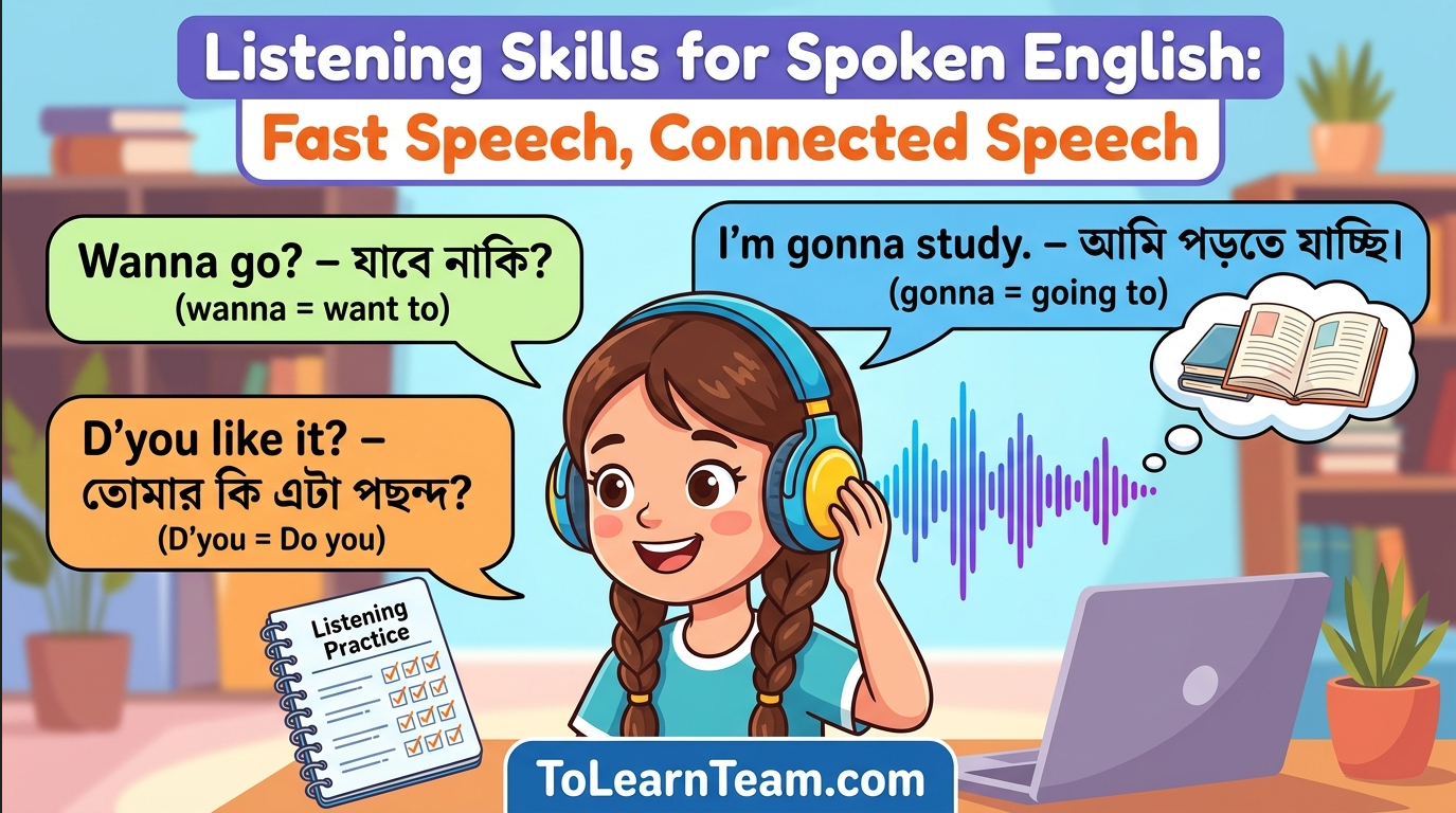Listening skills for spoken English with Bangla meaning – understanding fast speech, contractions, connected speech, and daily phrases for Bengali learners.