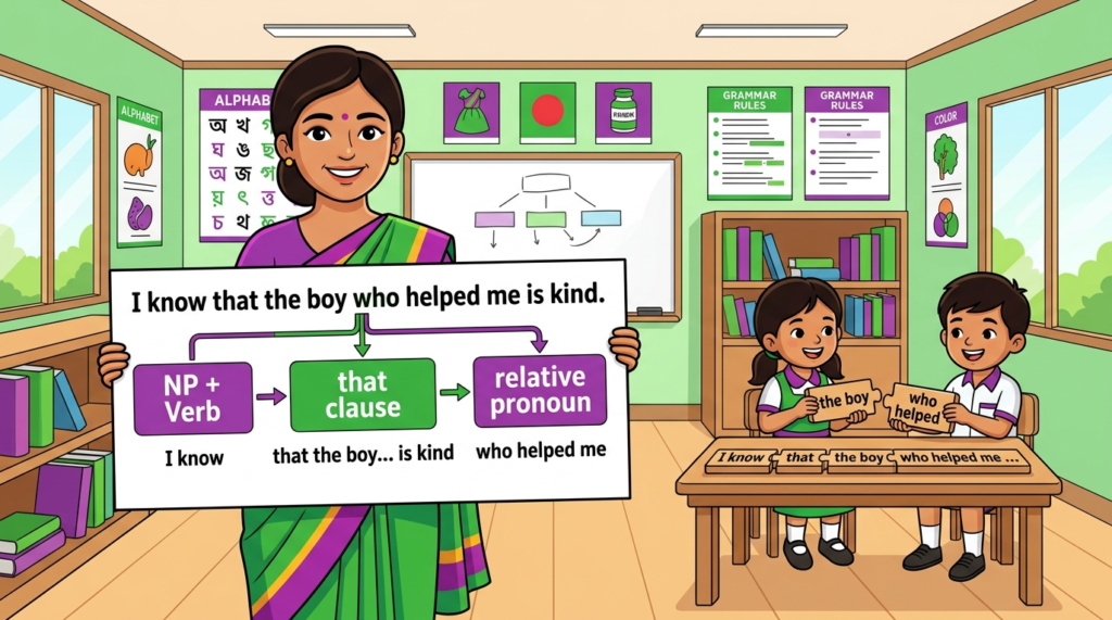 Kids learning 3 Clause Sentences NP + Verb + That + Clause + Relative Pronoun with 100+ examples in English grammar with Bangla meanings and pronunciation in a colorful classroom illustration.