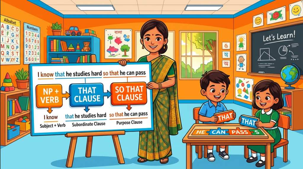 Kids learning 3 Clause Sentences NP + Verb + That + Clause + So that with 100+ examples in English grammar with Bangla meanings and pronunciation in a colorful classroom illustration.