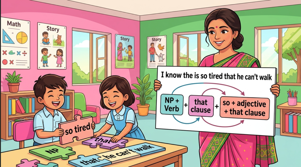 Kids learning 3 Clause Sentences NP + Verb + That + Clause + So + Adjective + That + Clause with 100+ examples in English grammar with Bangla meanings and pronunciation in a colorful classroom illustration.