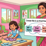 Kids learning 3 Clause Sentences NP + Verb + That + Clause + So + Adjective + That + Clause with 100+ examples in English grammar with Bangla meanings and pronunciation in a colorful classroom illustration.