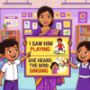 Kids learning Noun Phrase1 + Transitive Verb + Noun Phrase2 + Present Participle with 100+ examples in English grammar with Bangla meanings and pronunciation in a colorful classroom illustration.