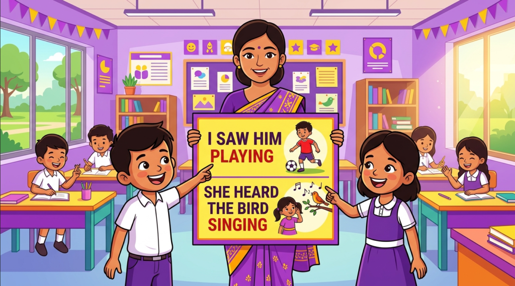 Kids learning Noun Phrase1 + Transitive Verb + Noun Phrase2 + Present Participle with 100+ examples in English grammar with Bangla meanings and pronunciation in a colorful classroom illustration.