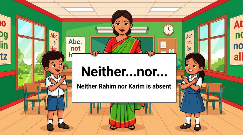 Kids learning Neither + Noun Phrase1 + Nor + Noun Phrase2 with 100+ examples in English grammar with Bangla meanings and pronunciation in a colorful classroom illustration.