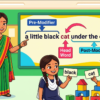 Kids learning Noun Phrase Making Rules and Examples in English grammar with Bangla meanings and pronunciation in a colorful classroom illustration.