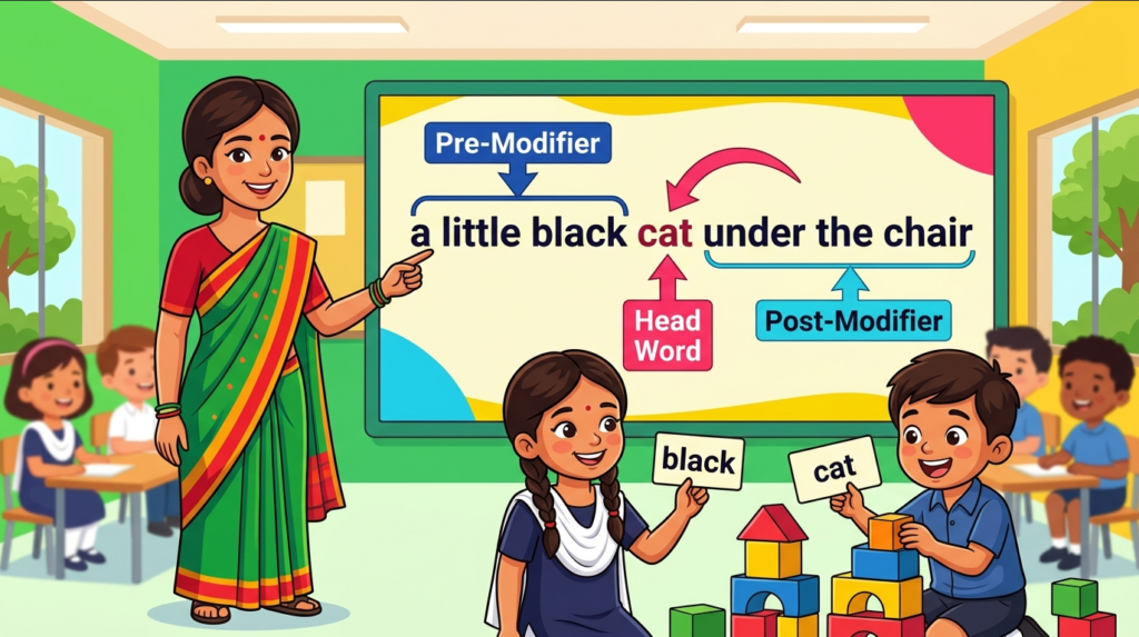 Kids learning Noun Phrase Making Rules and Examples in English grammar with Bangla meanings and pronunciation in a colorful classroom illustration.