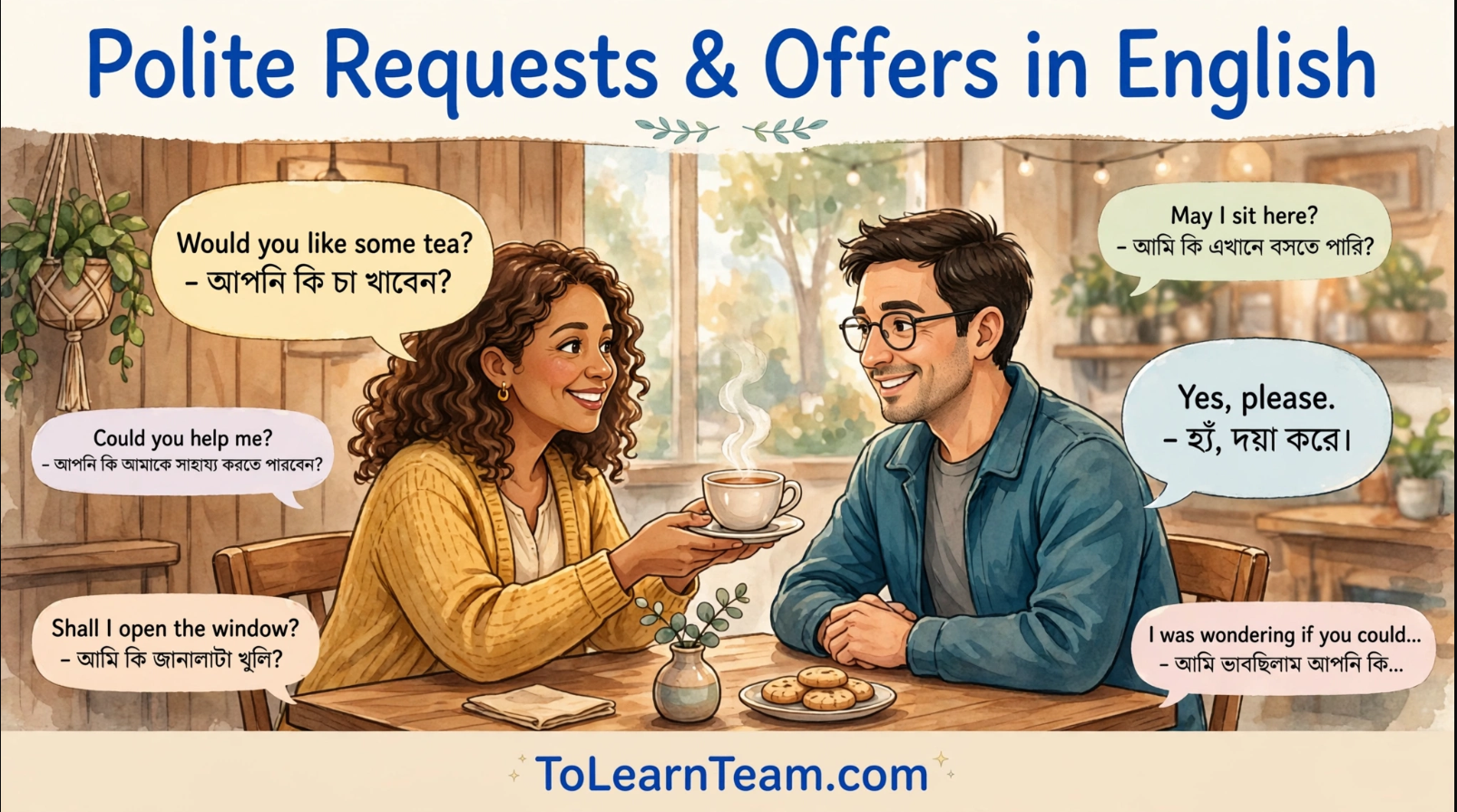 Polite requests, offers, and invitations in English with Bangla meanings for Bengali learners – spoken English tutorial.