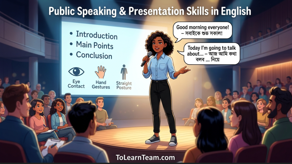 Public speaking and presentation skills in English with Bangla meaning, sample speeches, techniques, and phrases for Bengali learners.