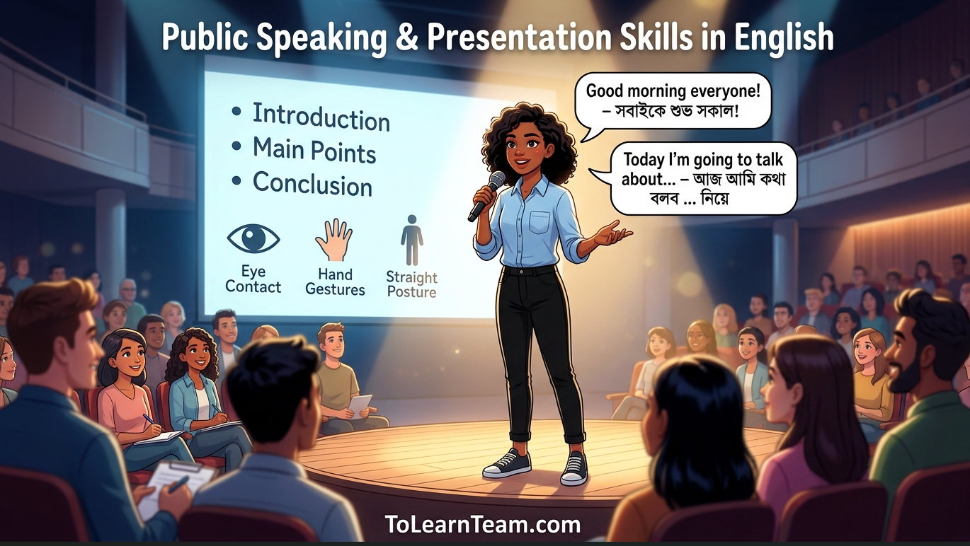 Public speaking and presentation skills in English with Bangla meaning, sample speeches, techniques, and phrases for Bengali learners.