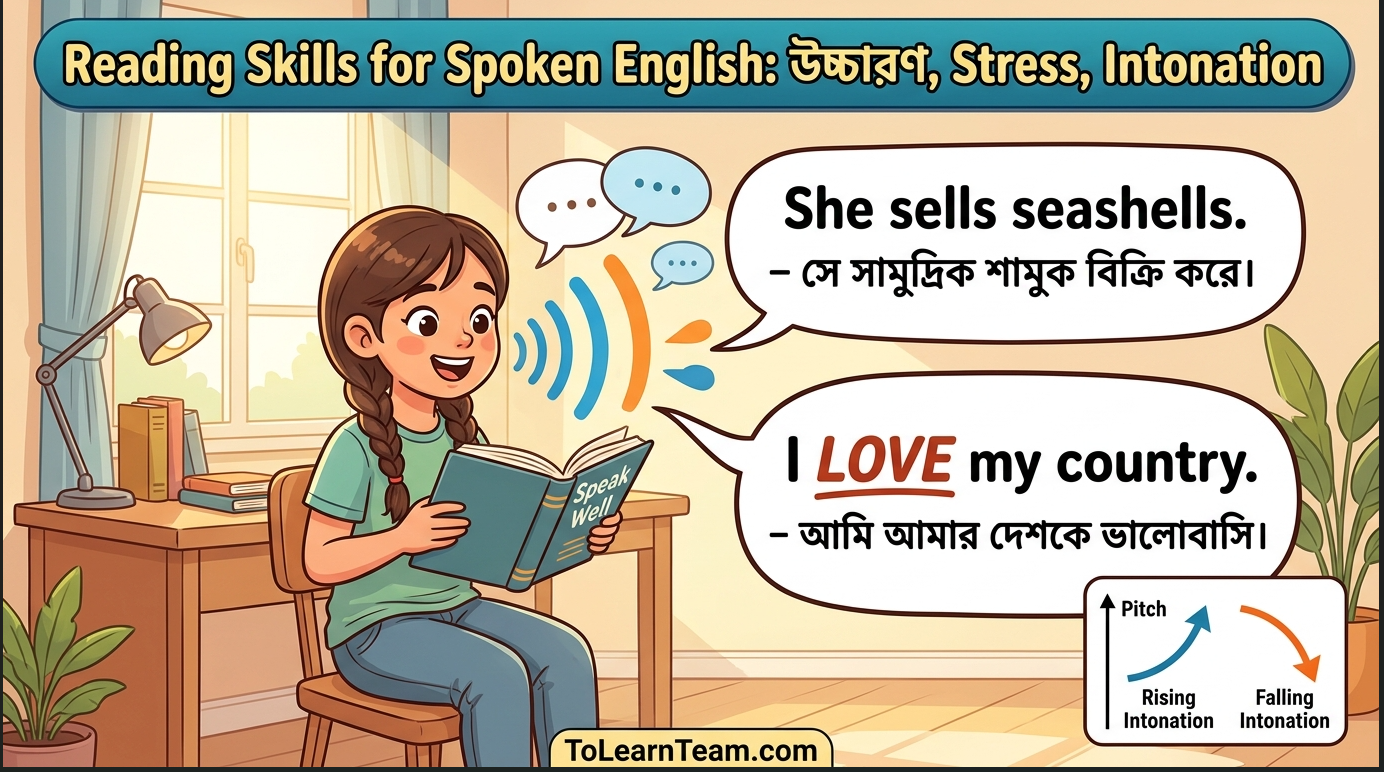Reading skills for spoken English with Bangla meaning – pronunciation, word stress, sentence stress, and intonation practice for Bengali learners.