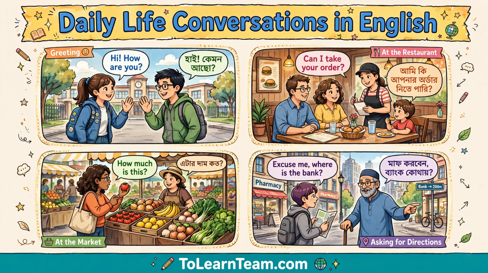Real-life English conversations for daily situations with Bangla translations for Bengali learners – spoken English tutorial.