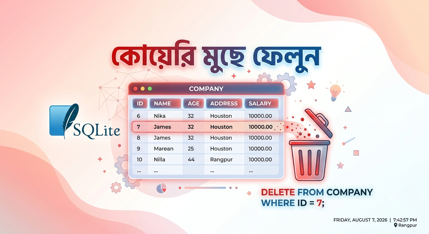 SQLite DELETE কমান্ড দিয়ে টেবিল থেকে রেকর্ড মুছে ফেলার বাংলা টিউটোরিয়াল