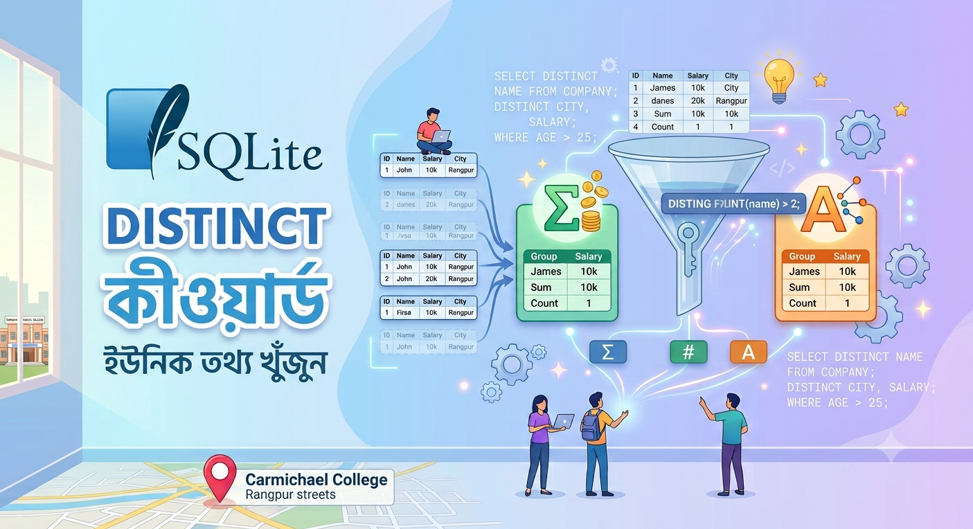 SQLite DISTINCT কীওয়ার্ড দিয়ে ডুপ্লিকেট রেকর্ড বাদ দিয়ে ইউনিক ডেটা পাওয়ার বাংলা টিউটোরিয়াল