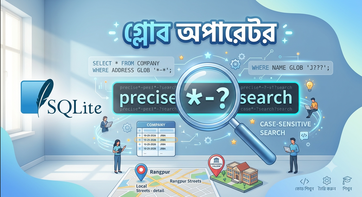 SQLite GLOB অপারেটর দিয়ে কেস-সেনসিটিভ প্যাটার্ন মিলিয়ে ডেটা খোঁজার বাংলা টিউটোরিয়াল