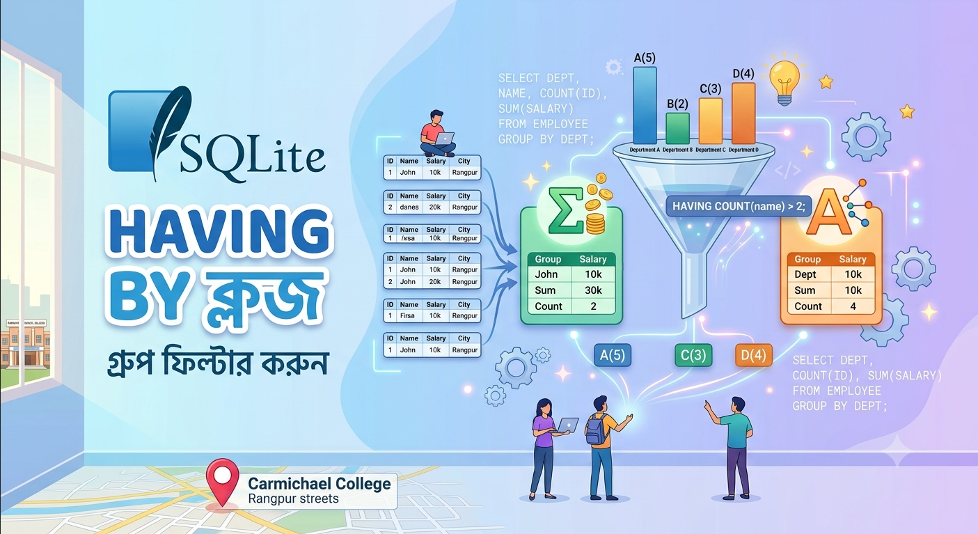 SQLite HAVING ক্লজ দিয়ে গ্রুপের উপর শর্ত আরোপের বাংলা টিউটোরিয়াল