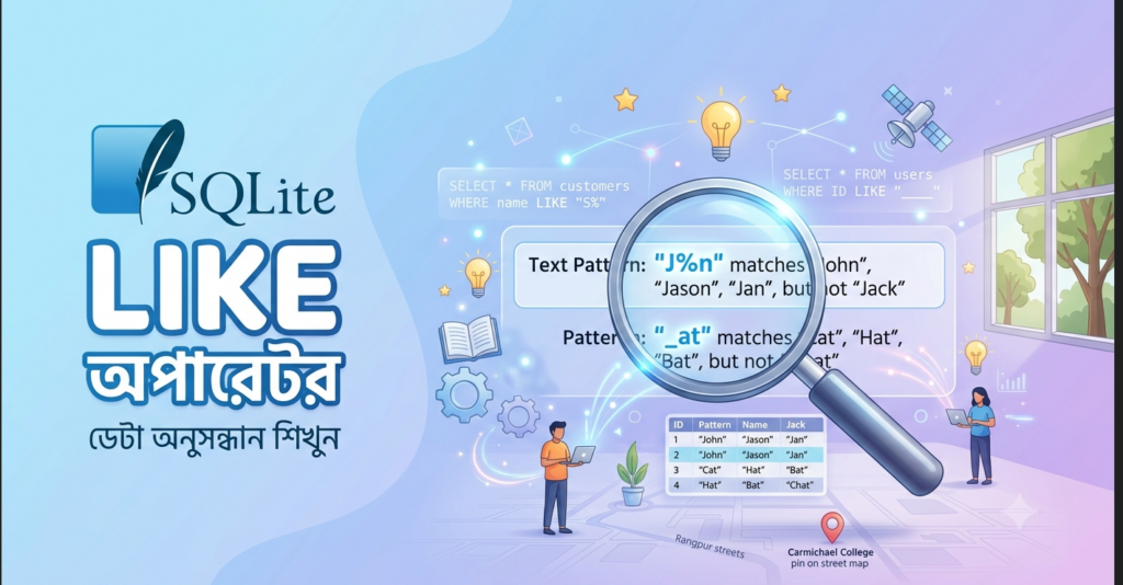 SQLite LIKE অপারেটর দিয়ে প্যাটার্ন মিলিয়ে ডেটা খোঁজার বাংলা টিউটোরিয়াল