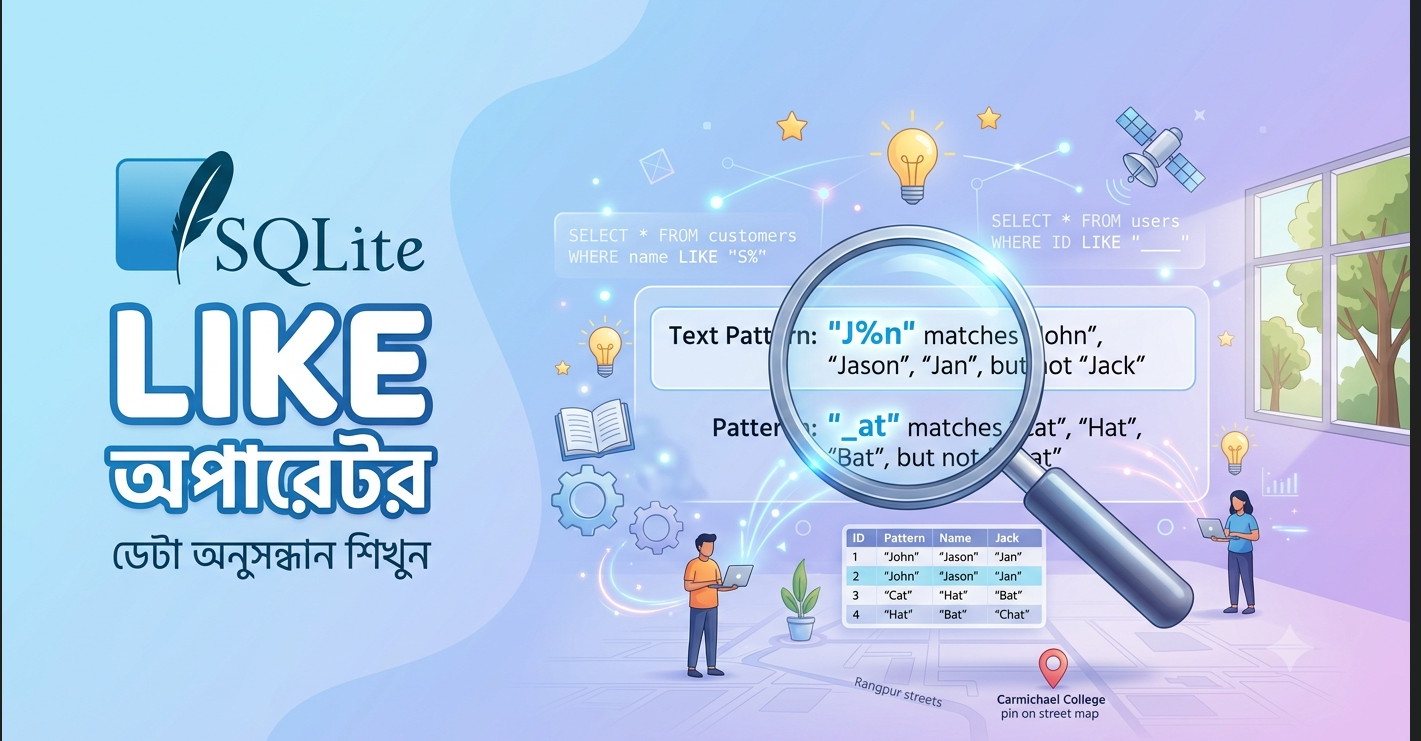 SQLite LIKE অপারেটর দিয়ে প্যাটার্ন মিলিয়ে ডেটা খোঁজার বাংলা টিউটোরিয়াল